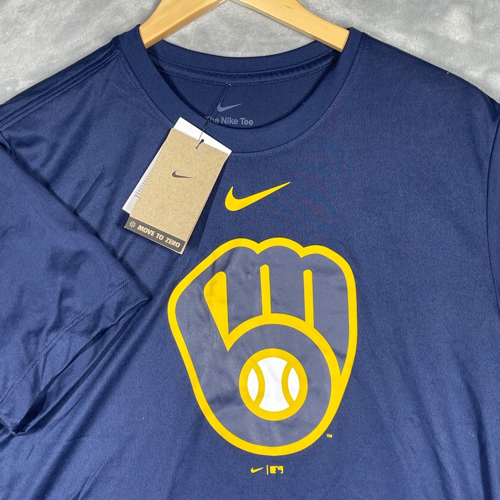 Nike Mens Milwaukee Brewers MLB Dri-FIT Navy Blue Graphic T-Shirt NEW